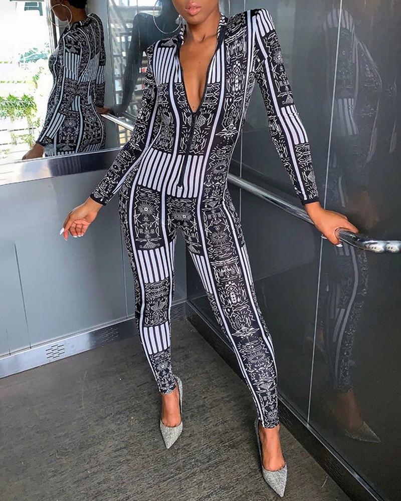 

Plunge Abstract Print Long Sleeve Jumpsuit, Black