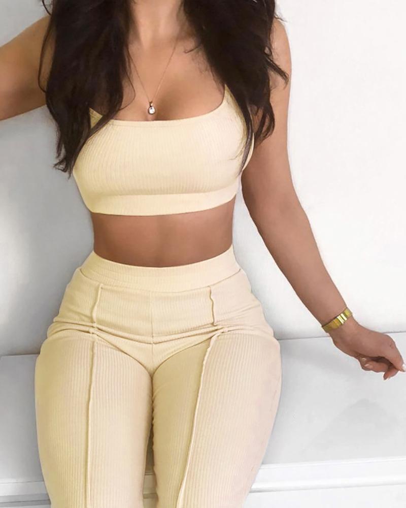 

U Neck Thick Strap Crop Top & Skinny Pants Set, Khaki