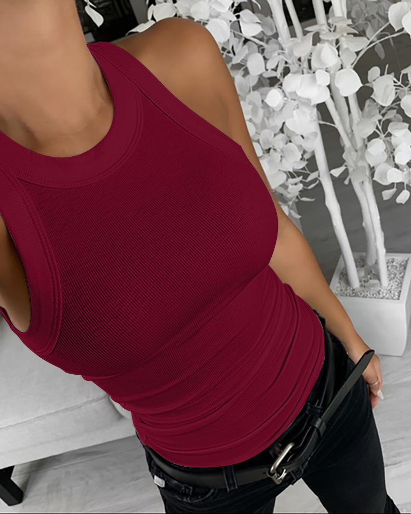 

O-Neck Knit Sleeveless Basic Slim Fit Tank Top, Wine red