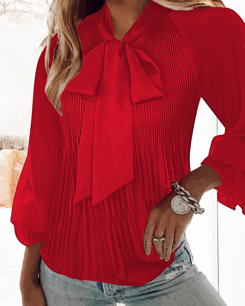 

Top de manga comprida plissado com gravata e pescoço, Red