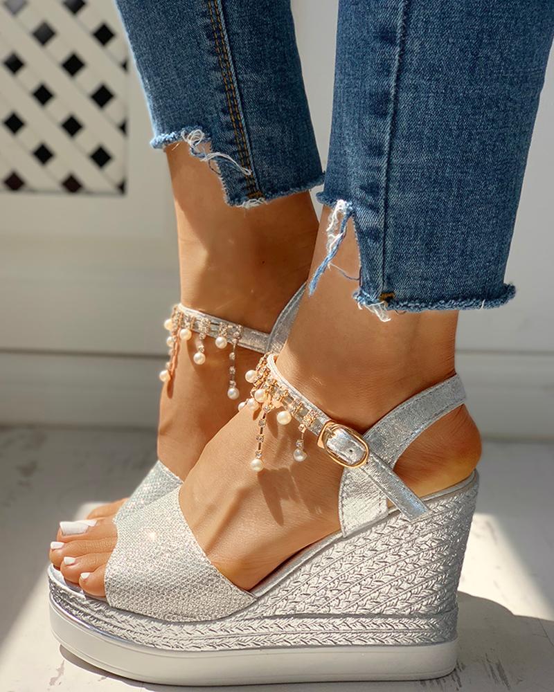 

Rhinestone Beaded Detail Platform Wedge Sandals, Silver