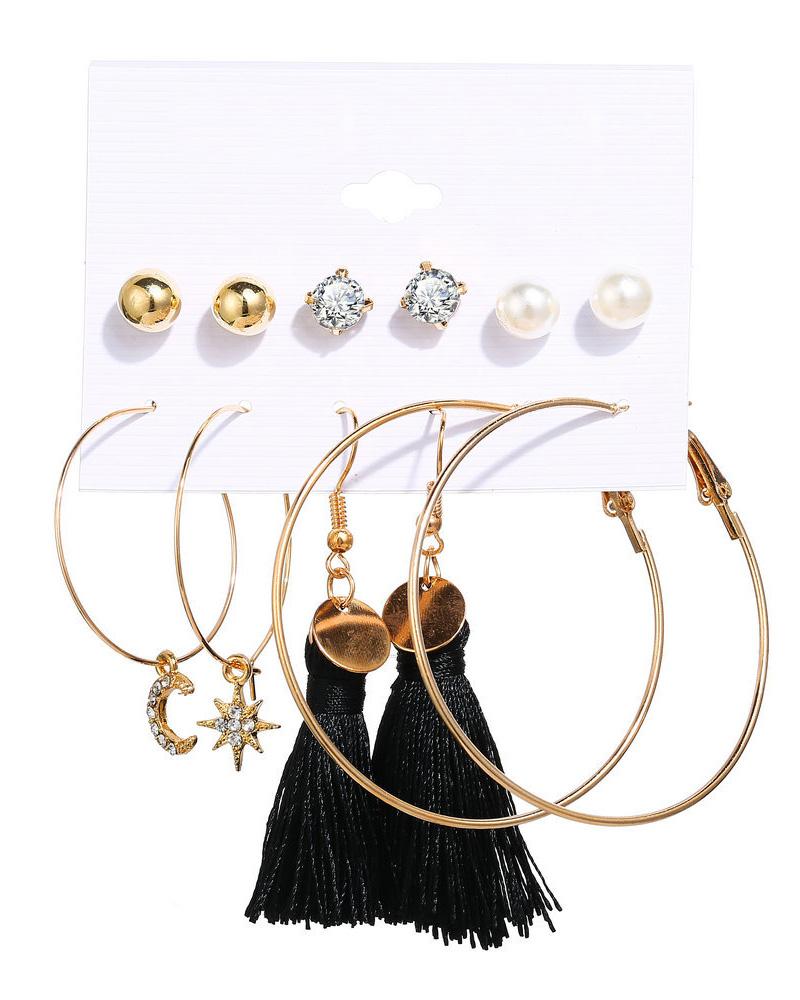 

6 Pairs Beaded Hoop Tassel Ear Cuff Earring Set, Style3