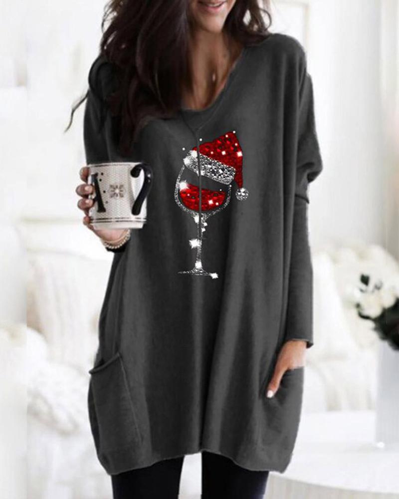 

Christmas Graphic Print Pocket Design Casual Dress, Dark grey