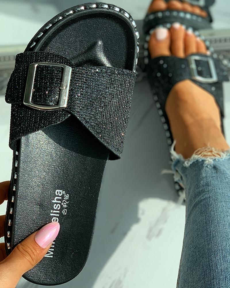 

Glitter Studded Buckled Slippers, Black