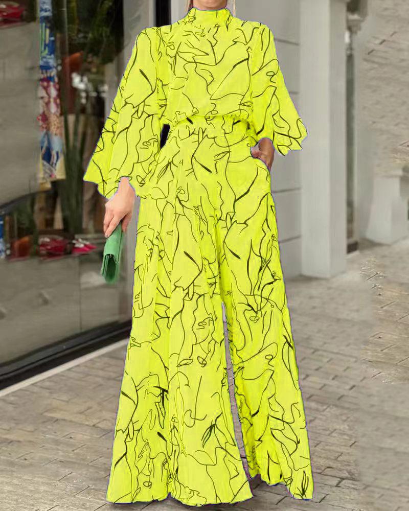 

Abstract Figure Print Long Sleeve Wide Leg Jumpsuit, Yellow