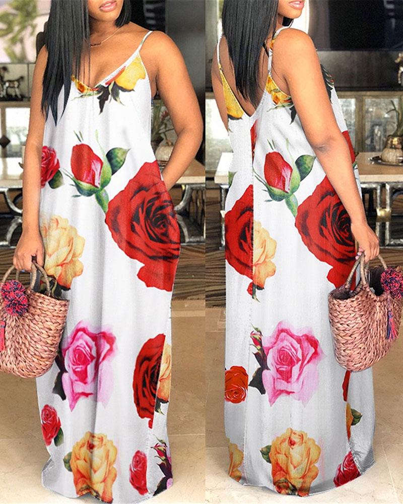 

Floral Print Sleeveless Pocket Design Maxi Dress, White