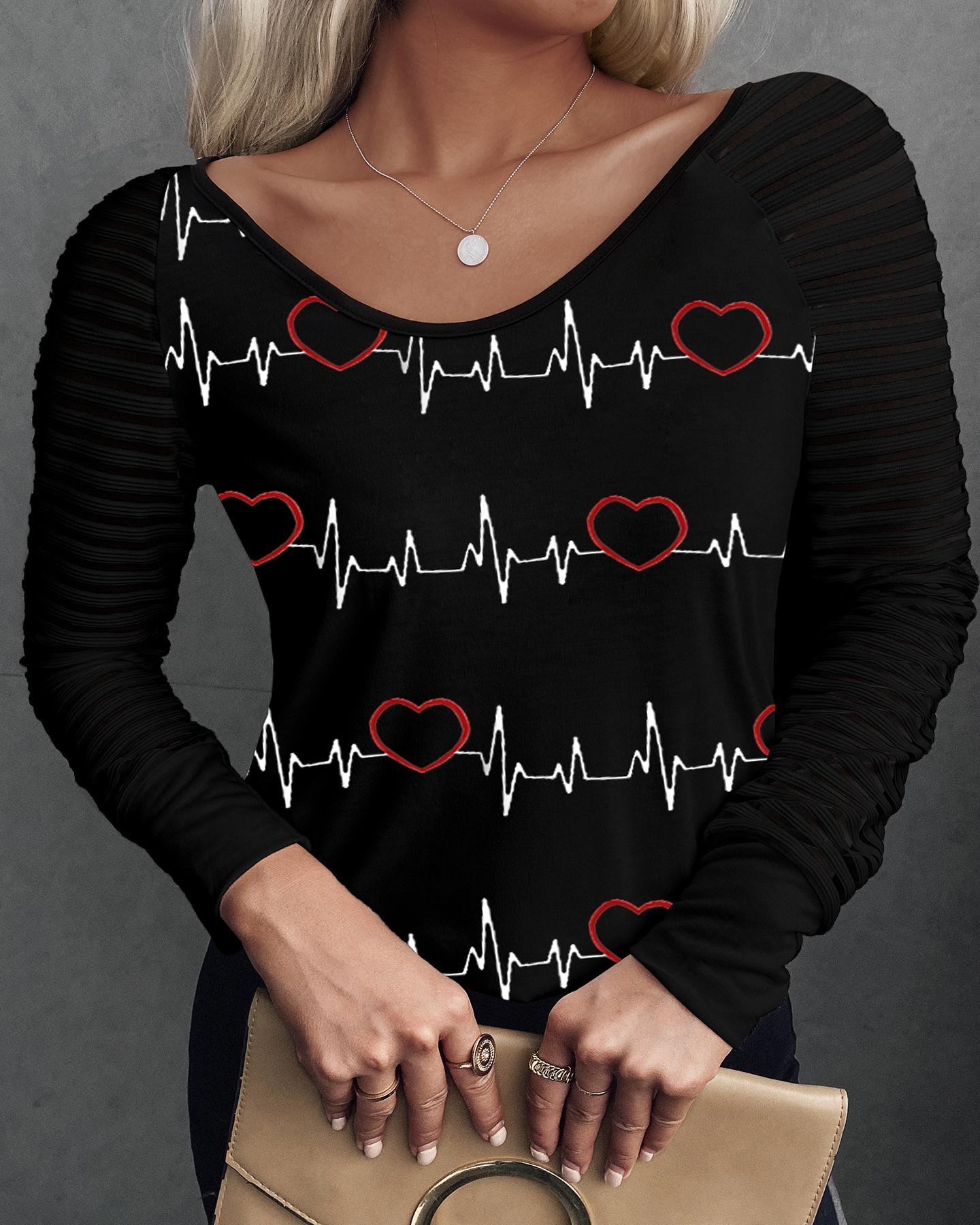 

Heart Print V-Neck Long Sleeve Women Top, Black
