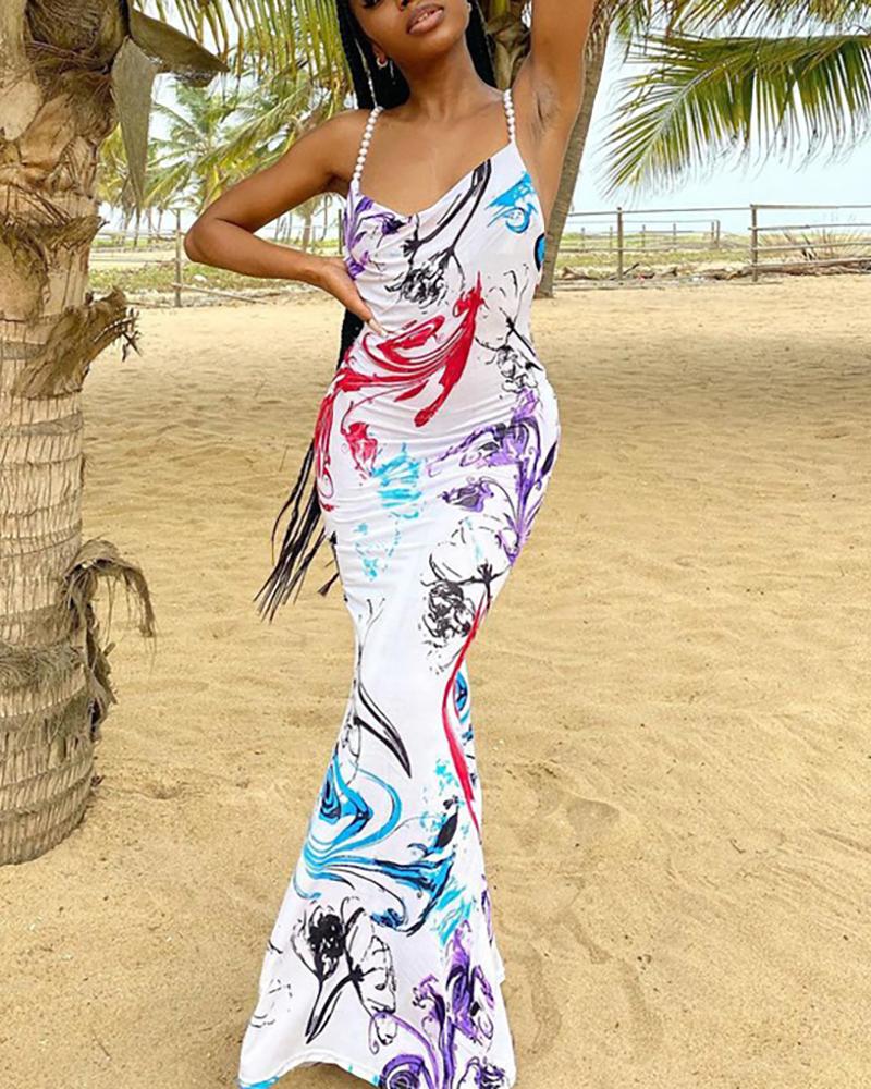 

Beaded Cowl Neck Colorblock Backless Maxi Dress, White
