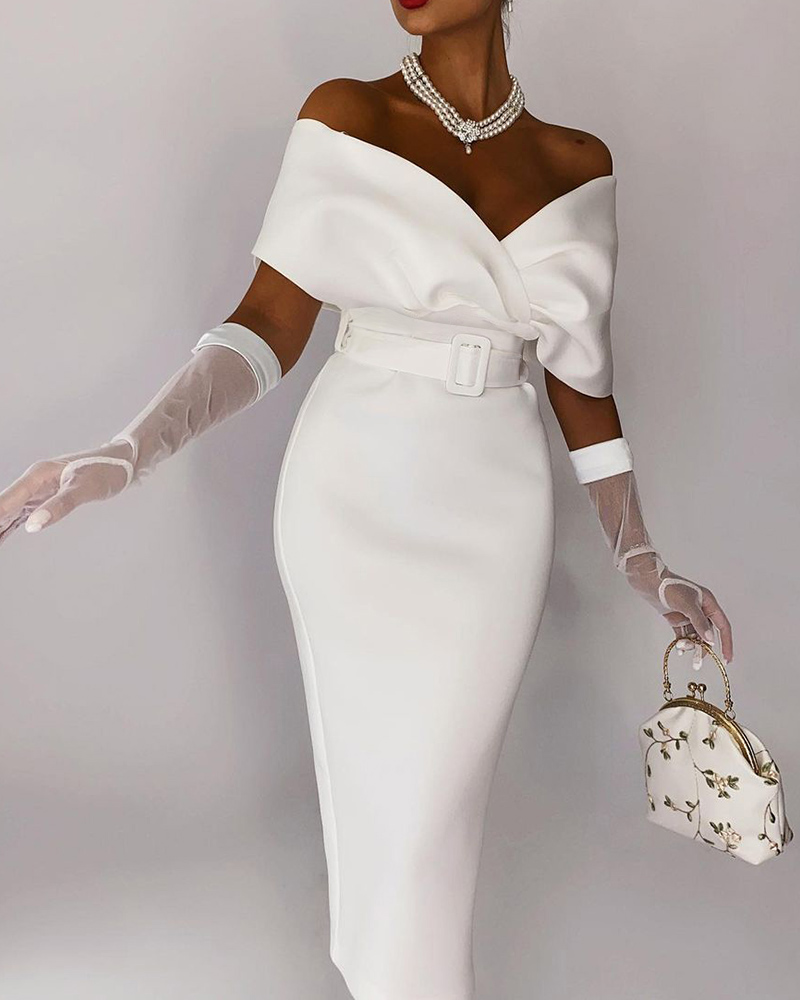 

Off Shoulder Half Sleeve Party Dress With Belt, White