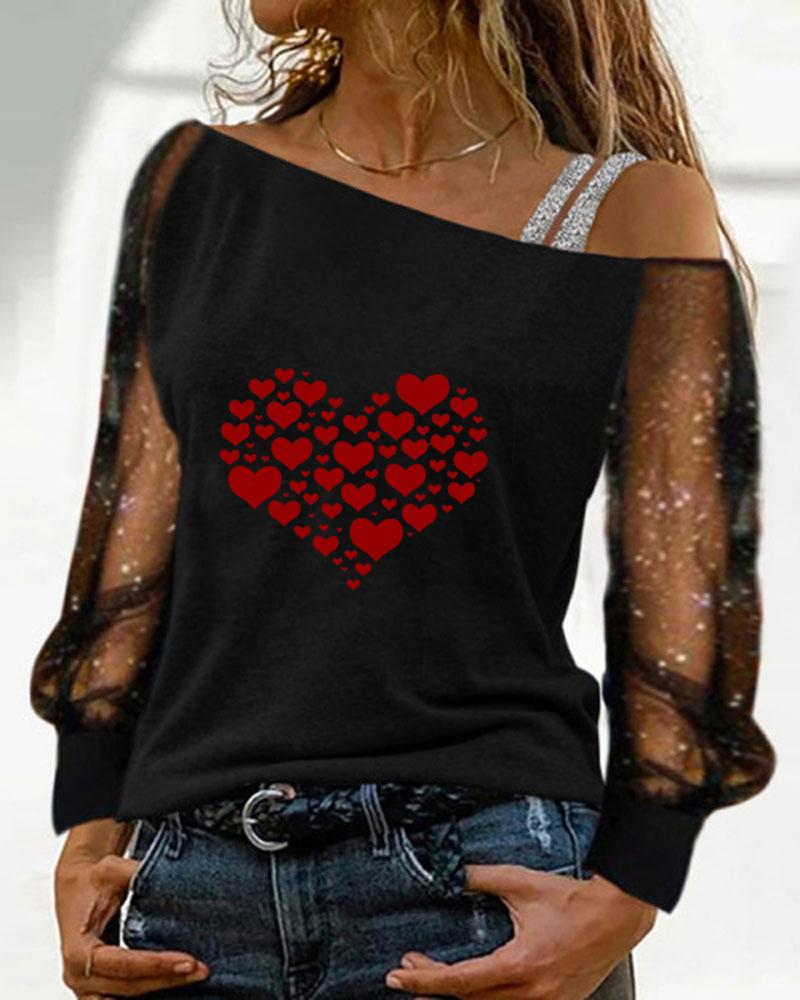 

Valentine' Day Heart Print Contrast Mesh Cold Shoulder Top, Black