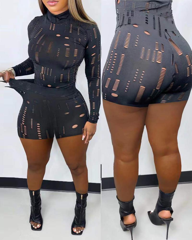

Hollow Out Long Sleeve Top & Shorts Set, Black