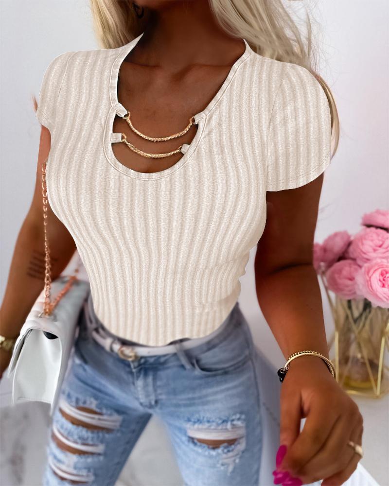 

Asymmetrical Neck Chain Decor Ribbed T-Shirt, Apricot