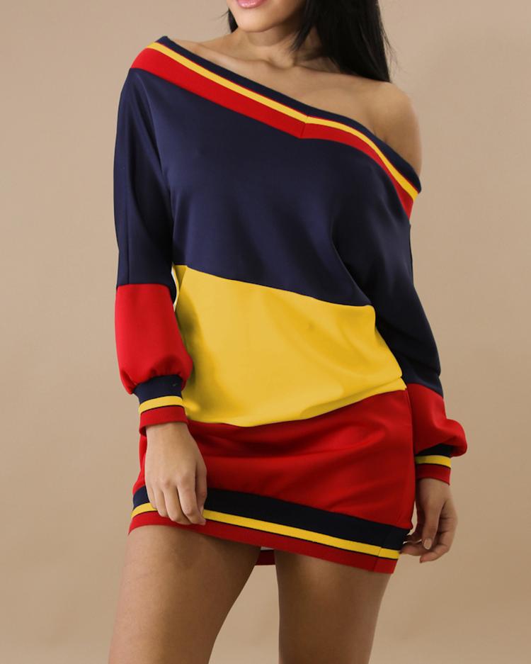

Color Block Off Shoulder Sweatshirt Dress, Yellow