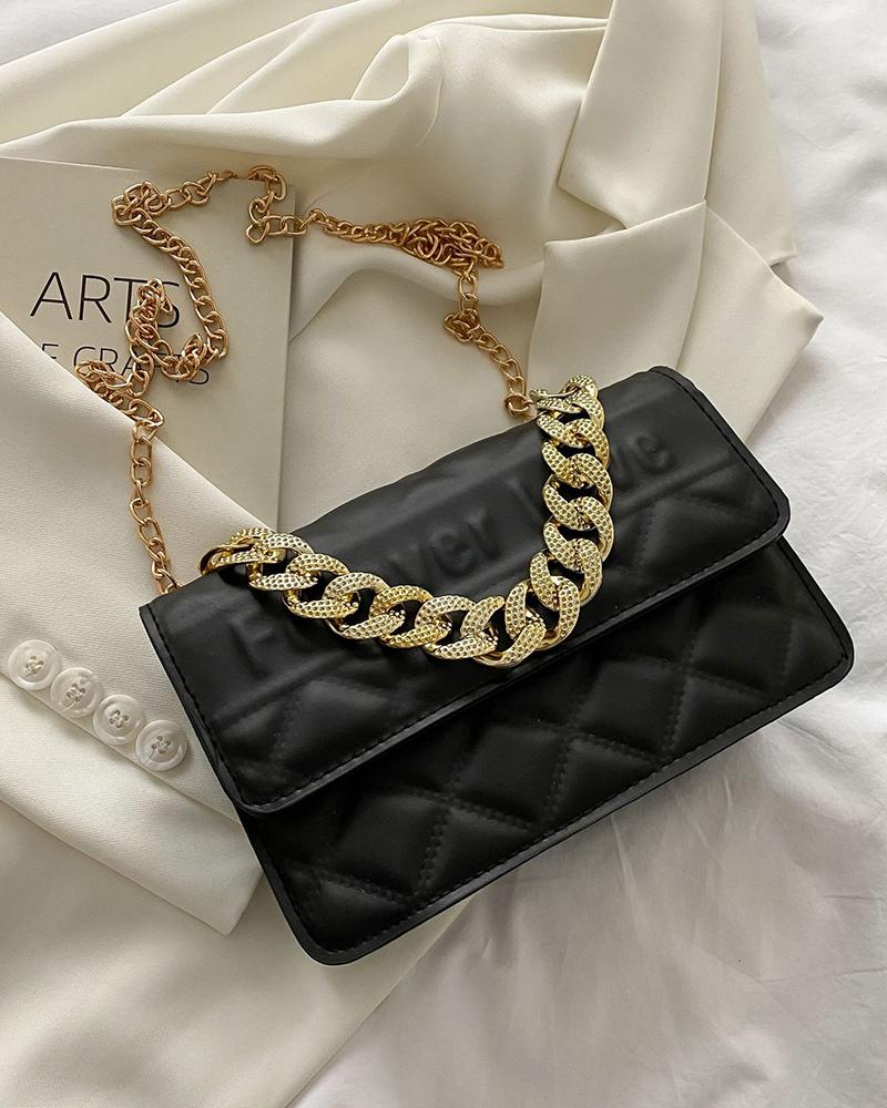 

Chain Decor Quilted Letter Pattern Shoulder Bag, Black