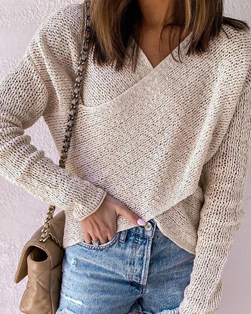 

Crossover-front Hollow Out Cropped Sweater, Apricot