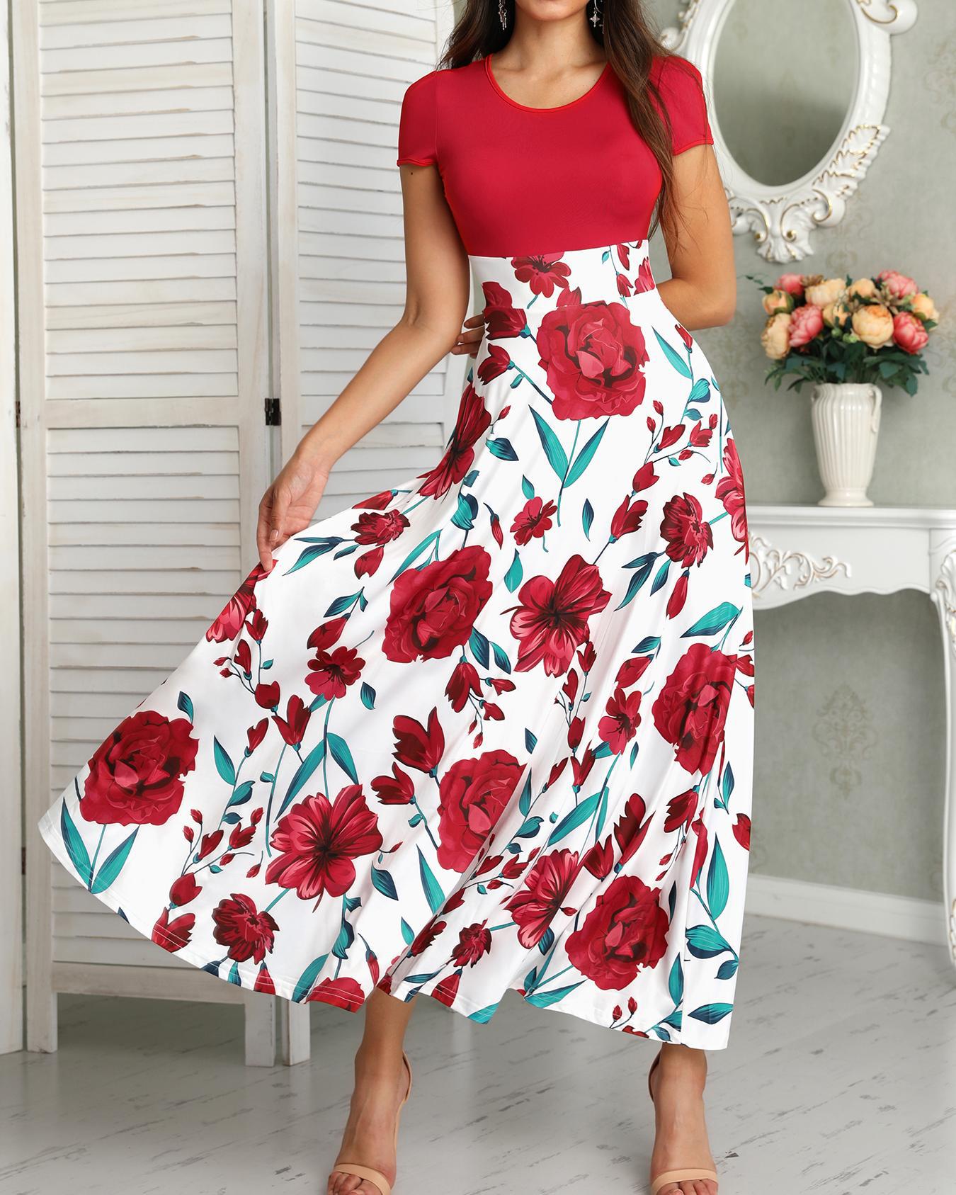 

Short Sleeve Floral Print Maxi Dress, Red