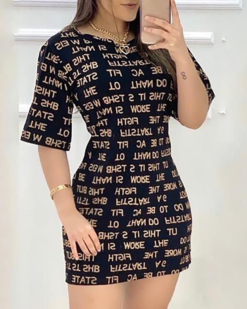

Letter Print Short Sleeve Casual Dress, Black