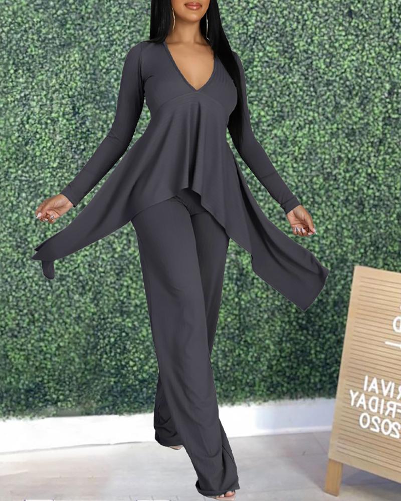 

Ruffle Hem Long Sleeve Top & Wide Leg Pants Set, Gray