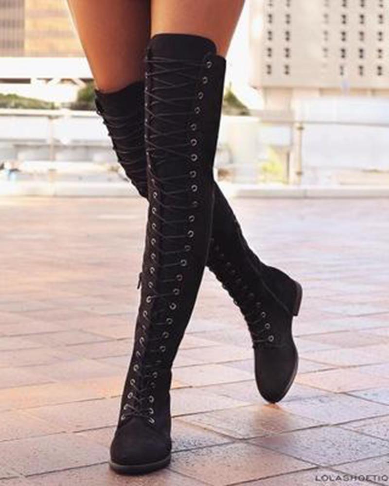 

Eyelet Lace-up Over The Knee Boots, Black