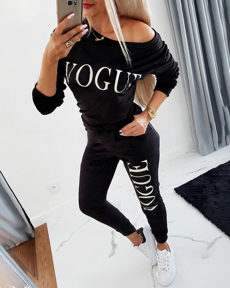 

Letter Print Long Sleeve Sweatshirt & Pocket Design Pants Set, Black