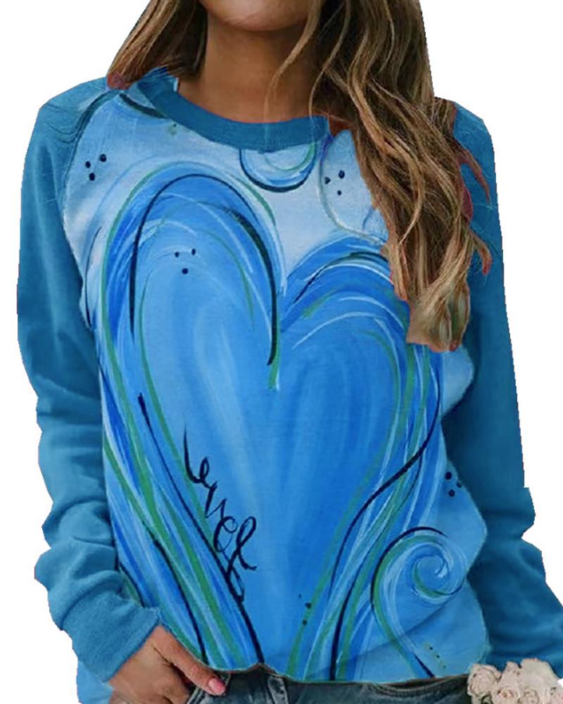 

Heart / Tie Dye Print Long Sleeve Casual Top, Blue