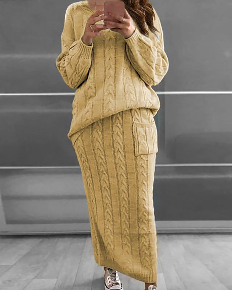 

Knit Long Sleeve Braided Sweater & Pocket Design Skirt Set, Yellow