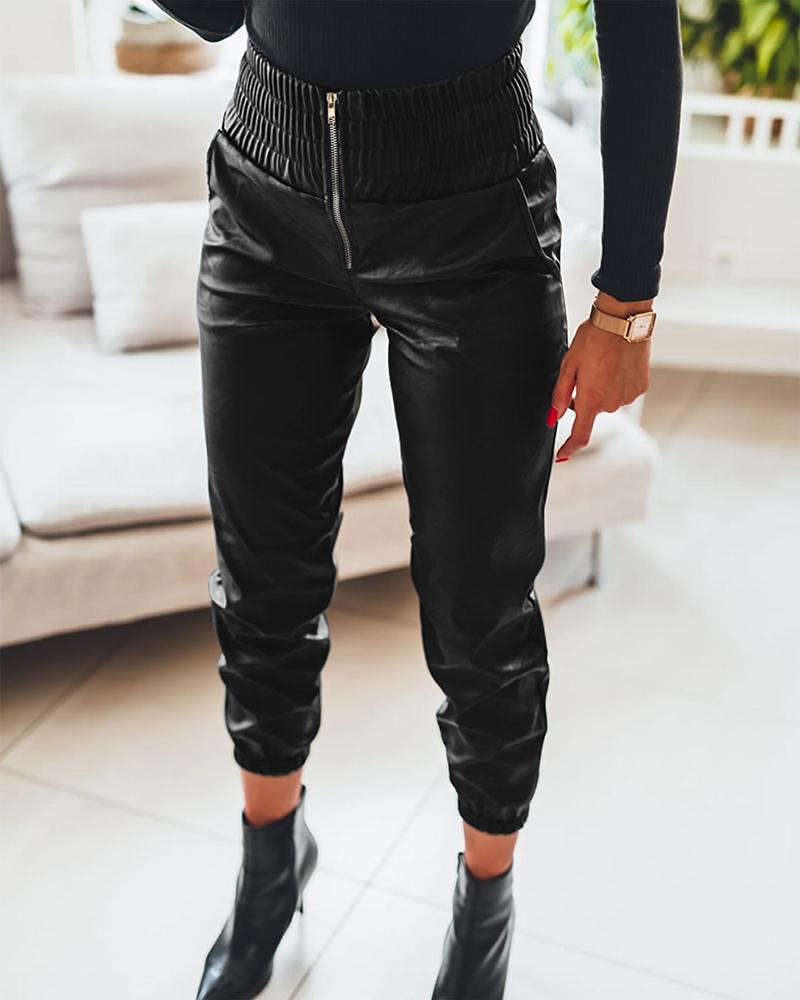 PU Leather Zip Detail High Waist Cuffed Pants