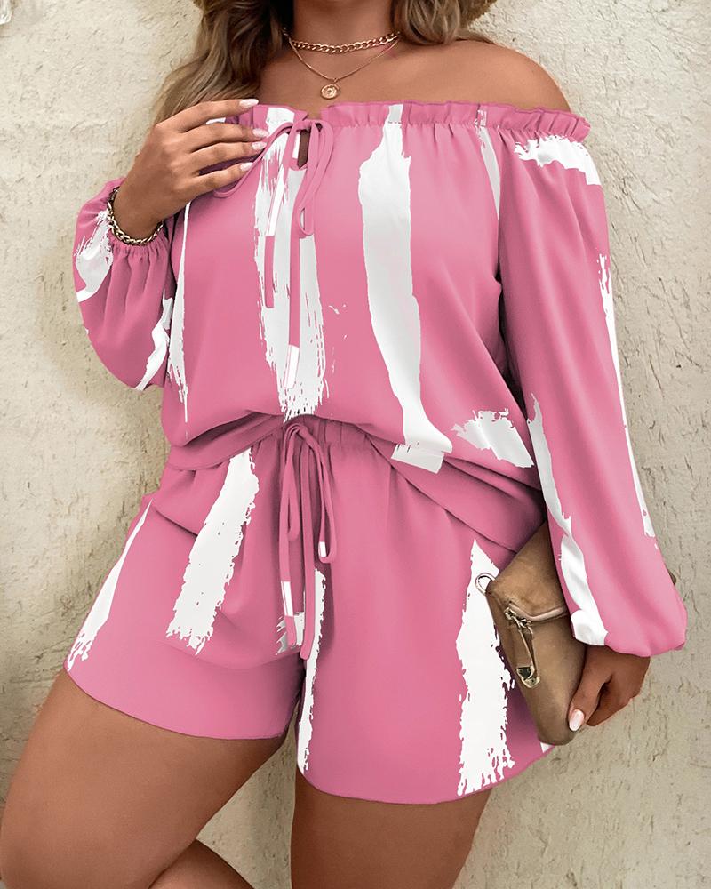 

Plus Size Tie Dye Print Off Shoulder Top & Drawstring Shorts Set, Pink