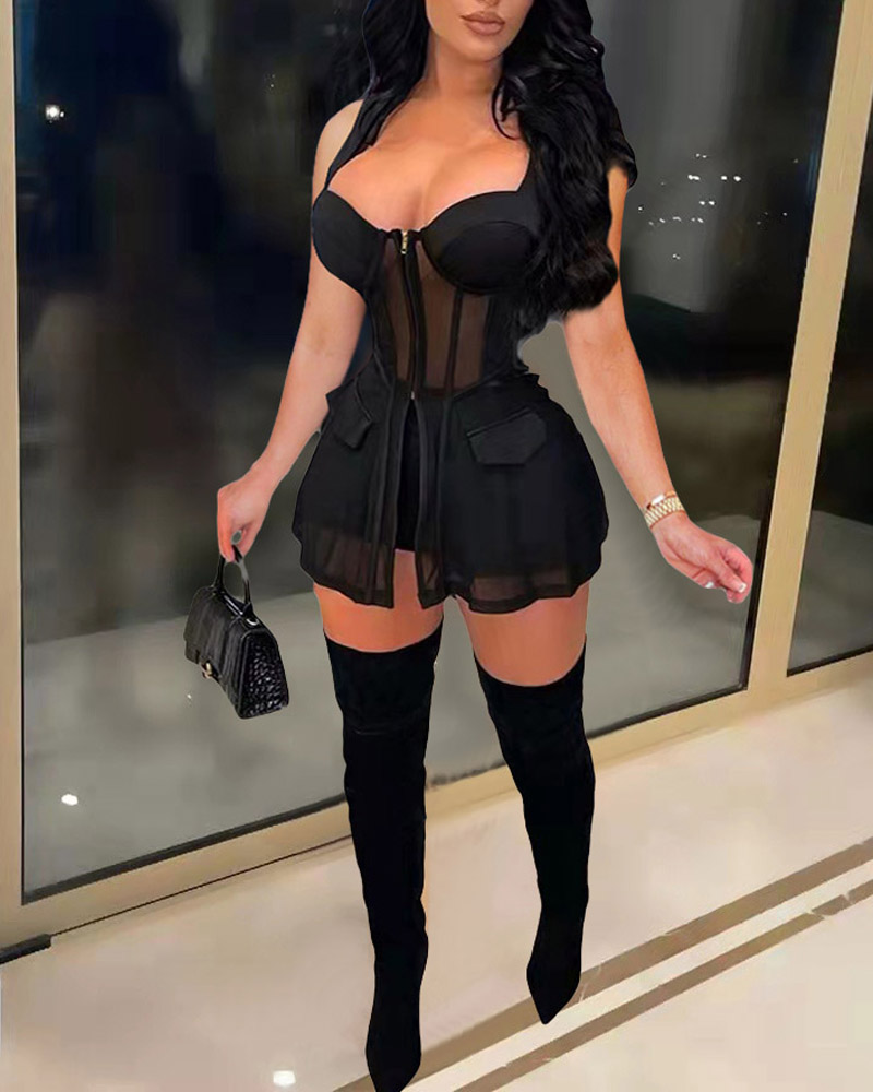 

Patchwork Sheer Mesh Zip Front Top & Shorts Set, Black