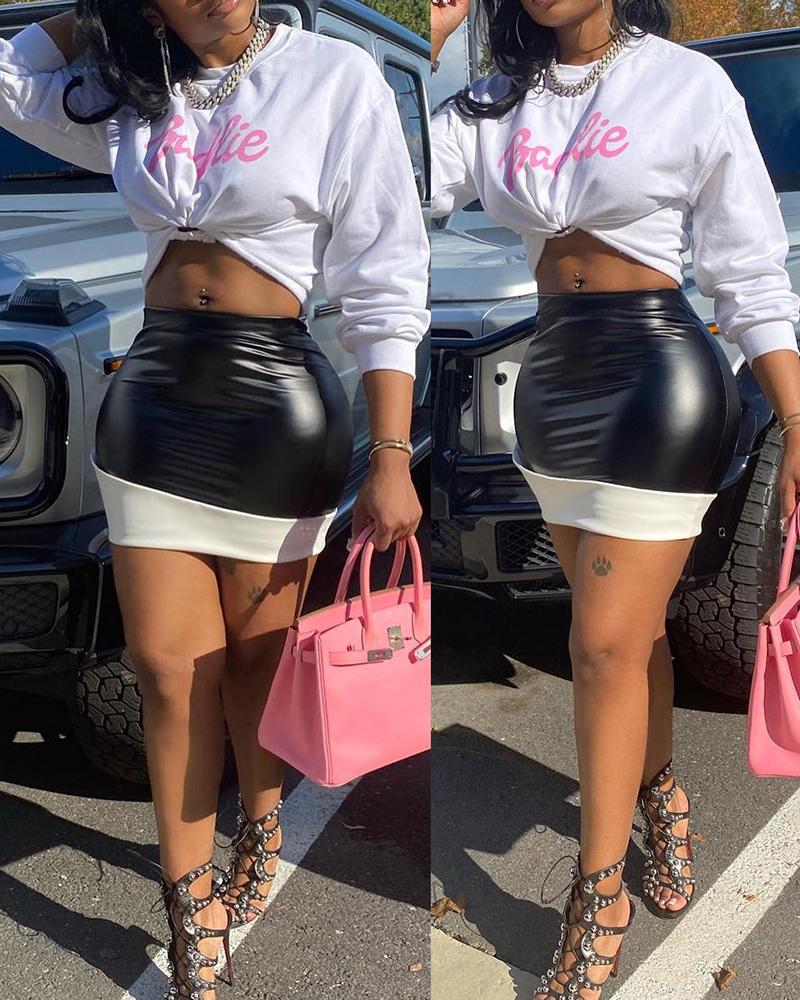 

Letter Print Long Sleeve Top & PU Leather Patch Skirt Set, White