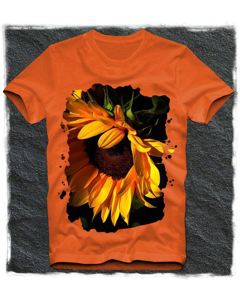 

Sunflower Print Short Sleeve Loose T-shirts, Orange