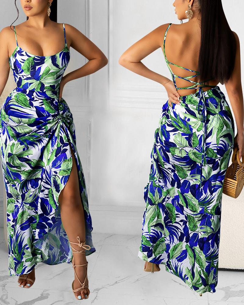 

Plants Print Lace-up Backless Ruched High Slit Dress, Blue