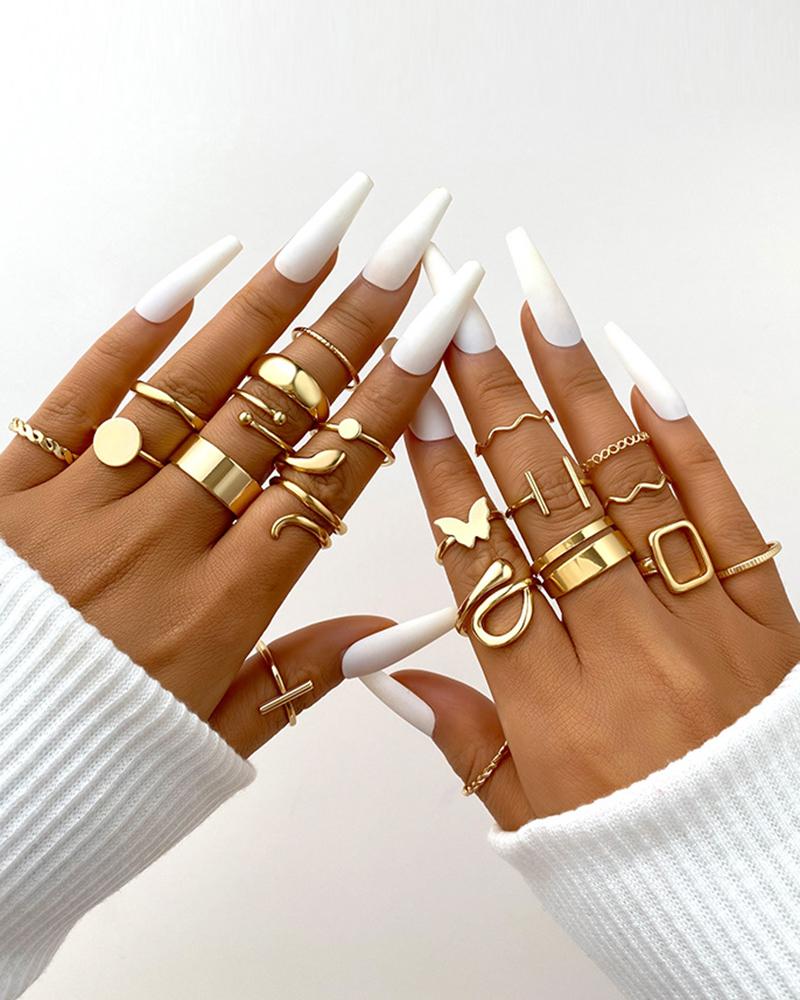 

22pcs Butterfly Geometric Criss Cross Hollow Rings Set, Gold