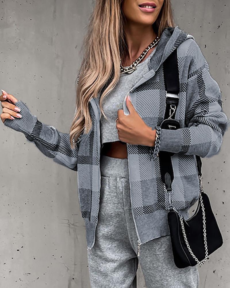 

Long Sleeve Zipper Front Plaid Print Hooded Coat, Gray