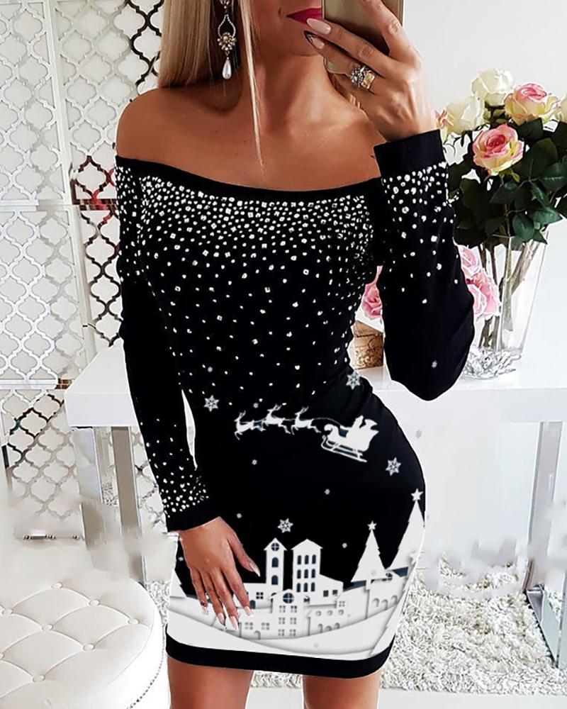 

Christmas Mixed Print Off Shoulder Bodycon Dress, Black