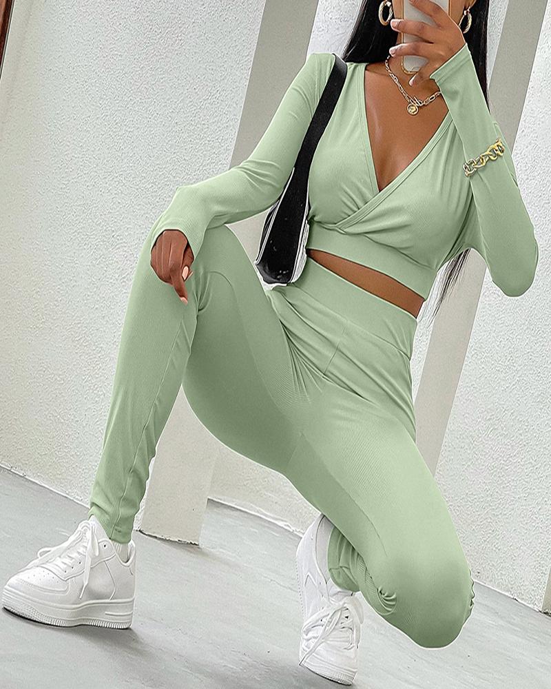 

Long Sleeve V-Neck High Waist Skinny Active Sets, Green
