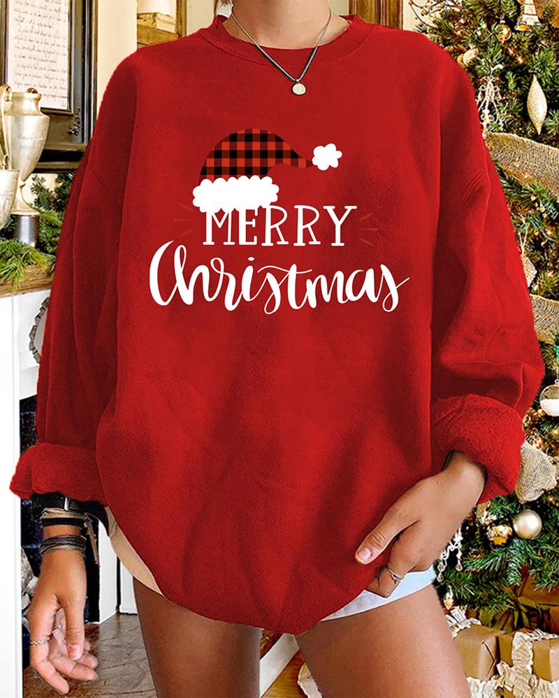 

Christmas Hat Letter Print Long Sleeve Sweatshirt, Red