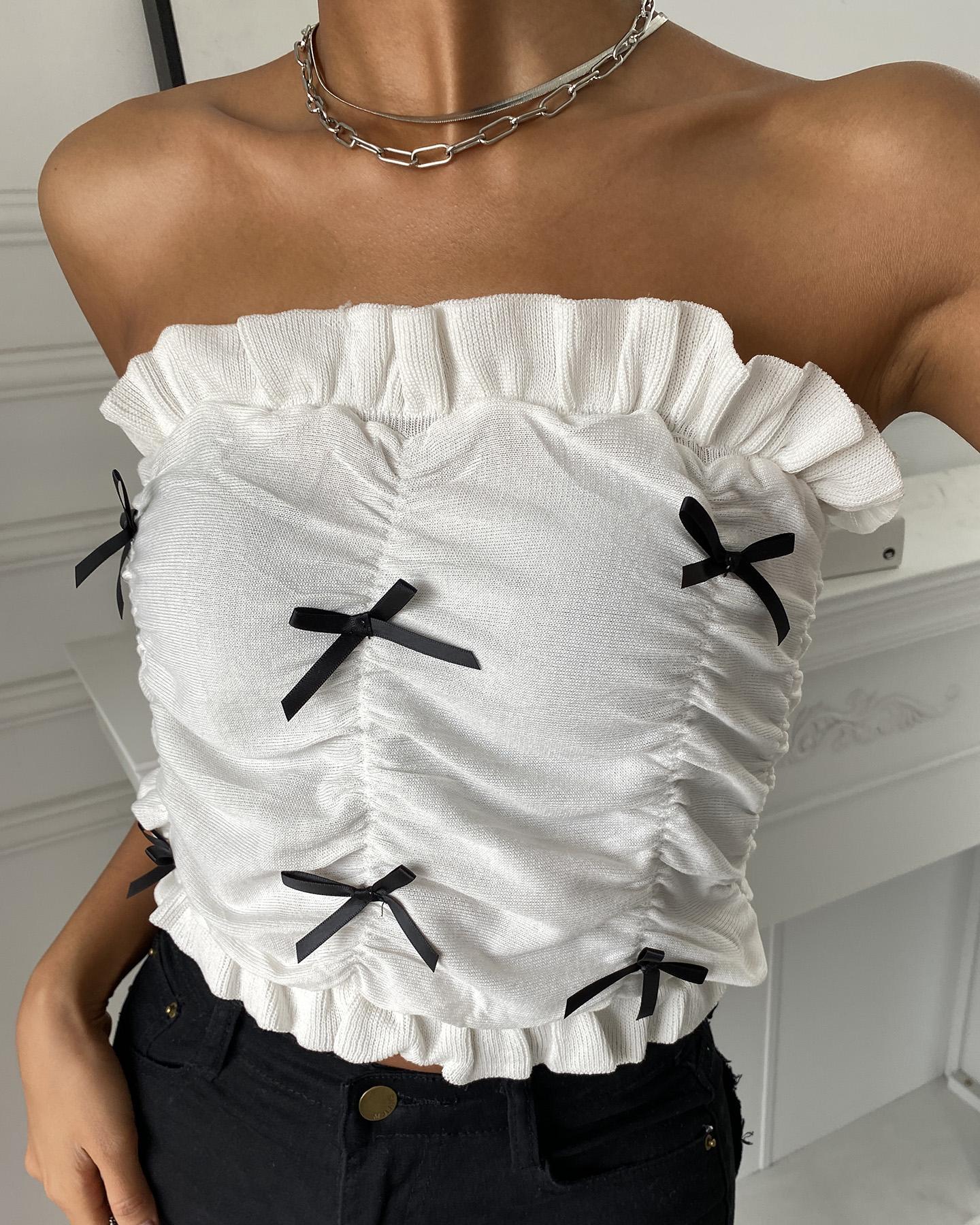 

Off Shoulder Ruched Bowknot Design Crop Top, White