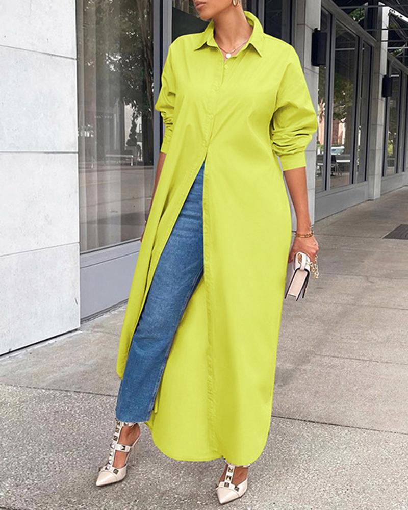 

Long Sleeve Buttoned Slit Shirt Dress, Yellow