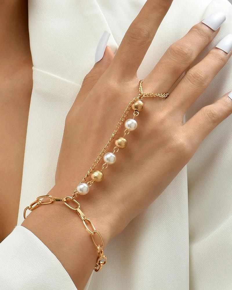 

1pcs Beaded Chain Finger Ring Bracelet, Gold
