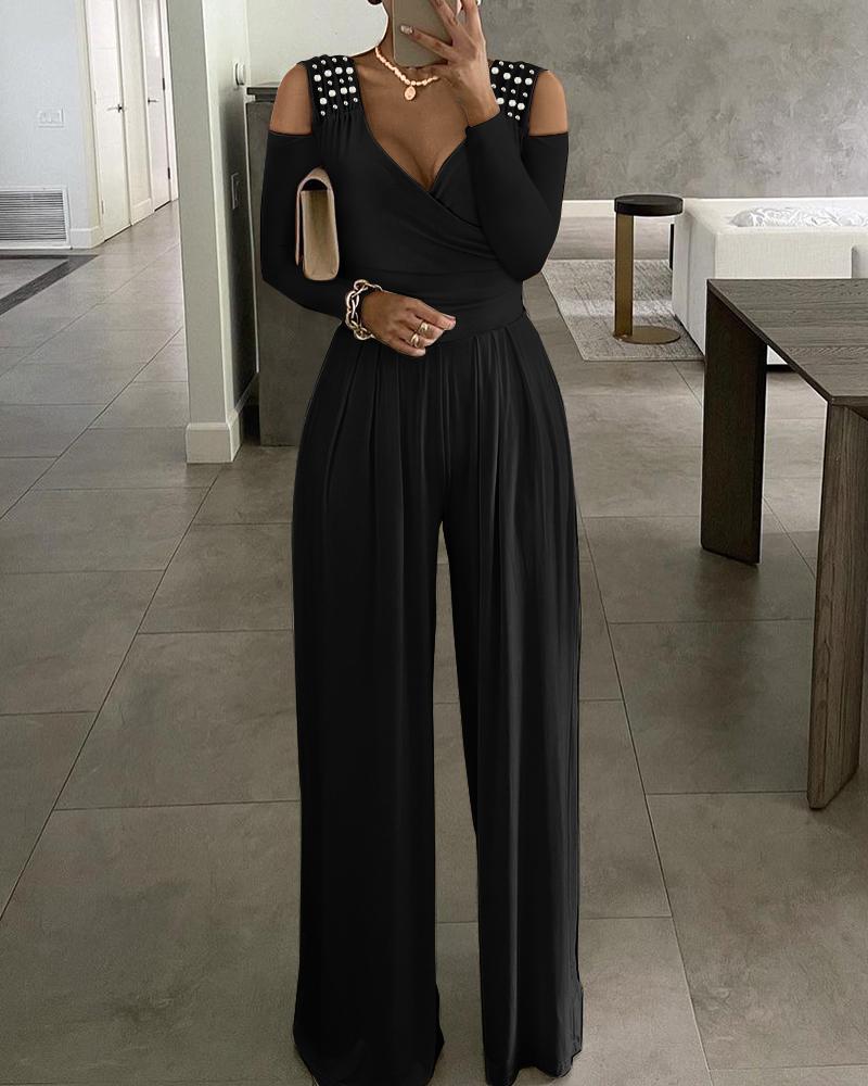 

Beaded Decor Cold Shoulder Wide Leg Jumpsuit, Black