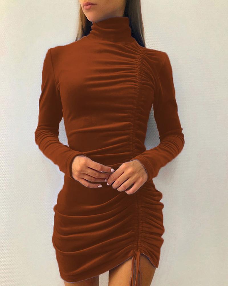 

Velvet High Neck Drawstring Ruched Party Dress, Brown