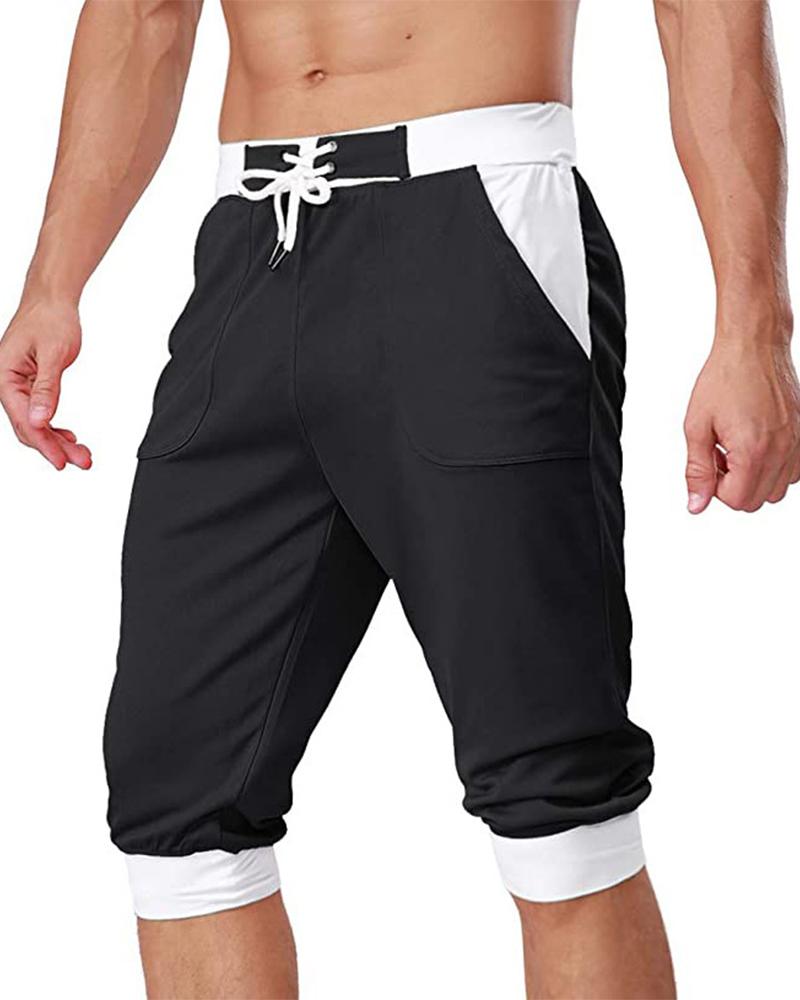 

Colorblock Drawstring Skinny Patchwork Shorts, Black