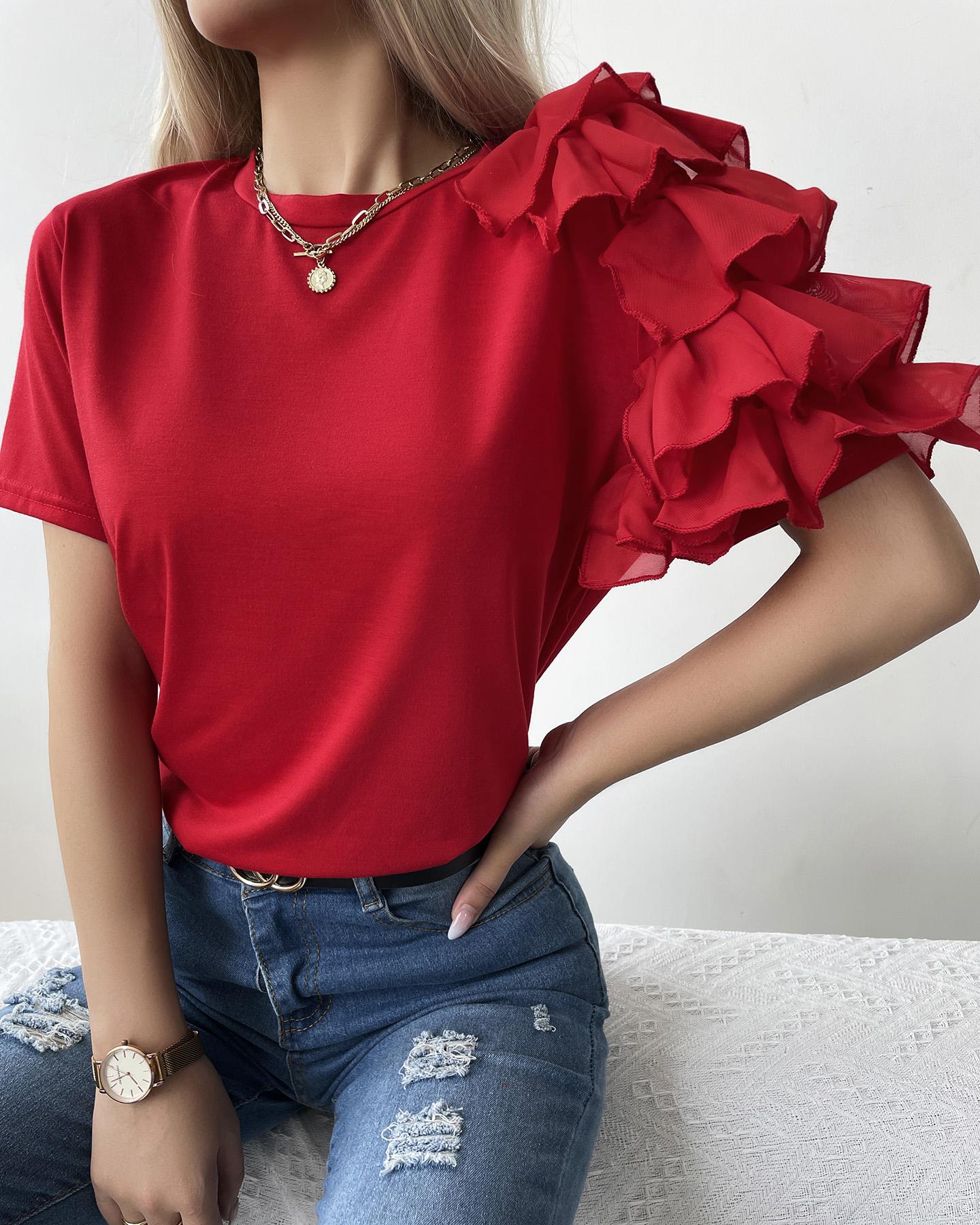 

Layered Ruffles Short Sleeve T-shirt, Red