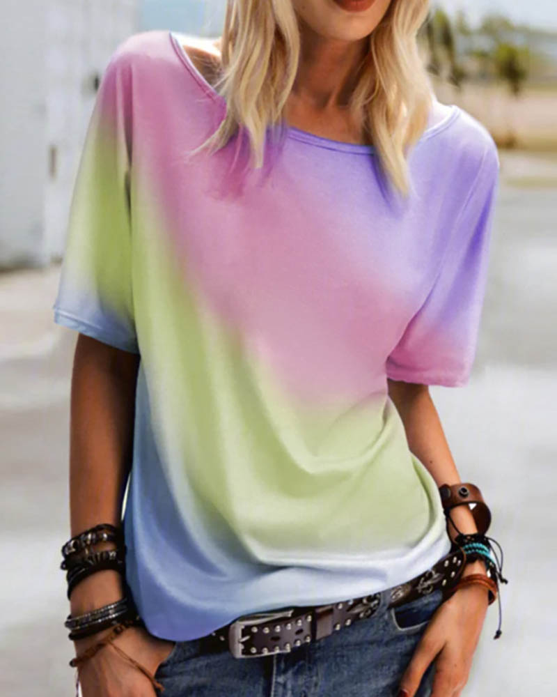 

Round Neck Colorblock Short Sleeve Casual T-shirt, Purple
