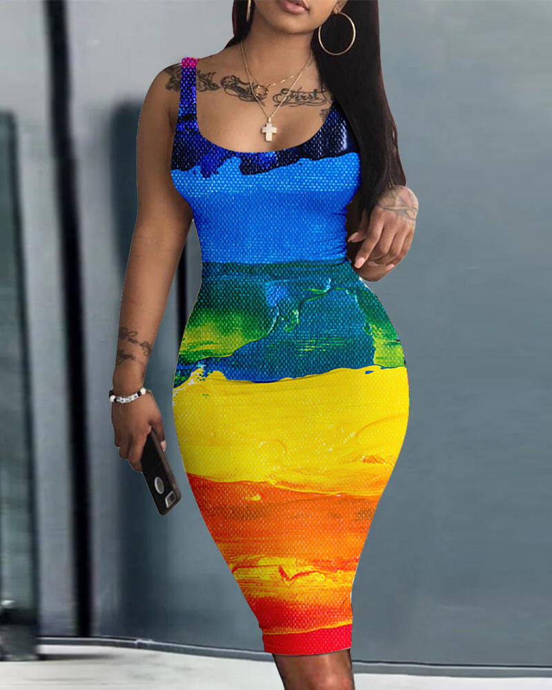 

Plus Size Colorblock Abstract Print Sleeveless Bodycon Dress, Multicolor