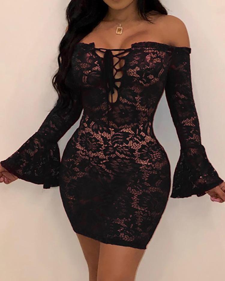 

Off Shoulder Lace Bell Sleeve Bodycon Dress, Black