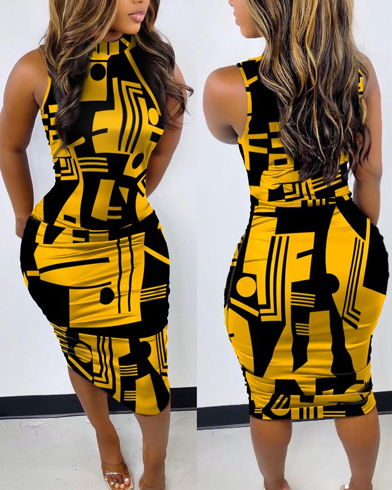 

Geo Print Sleeveless Ruched Bodycon Dress, Yellow