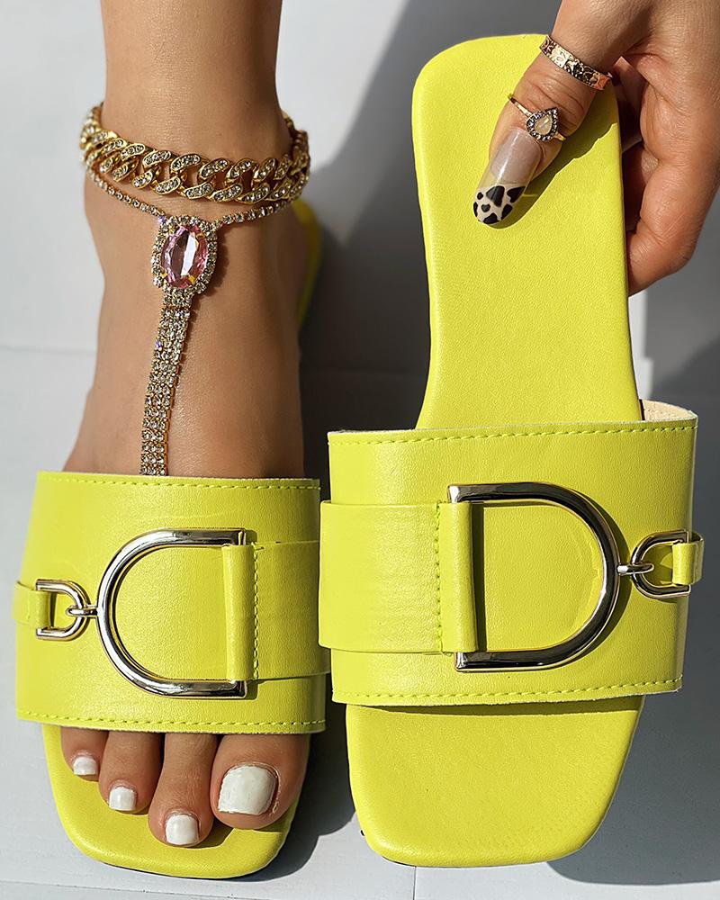 

Buckled Wide Strap Slippers, Yellow