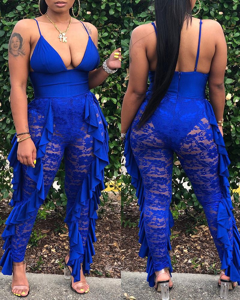 

Plunge Ruffles Floral Pattern Lace Jumpsuit, Dark blue
